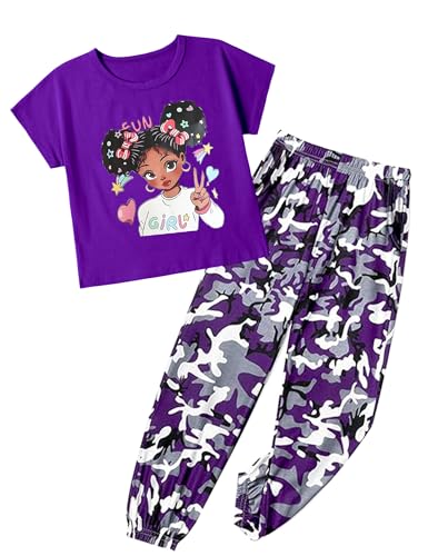 mksodop Girls Clothes 2Piece,Teen Girls clothes Fashion Printed T-Shirt and Camouflage Pants Girls Outfits Set
