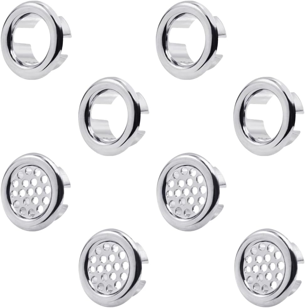 Sink Overflow Ring,Sonku Plastic Mesh and Hollow Hole Trim Ring for Kitchen, 8 Pack Bathroom Sink Basin Trim Overflow Cover Hole Insert Cap Chrome