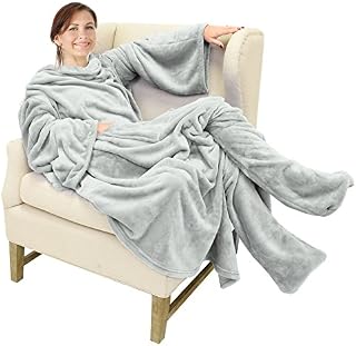 Catalonia Wearable Fleece Blanket with Sleeves and Foot Pockets for Adult Women Men,Micro