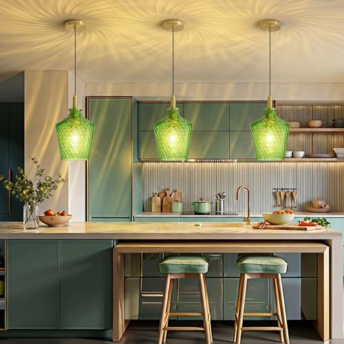 Image of Stripes Green Glass Pendant Light for Kitchen Island Gold 8 Inch 1 Pack
