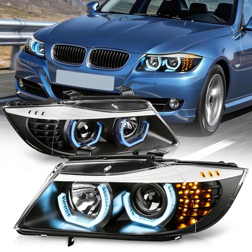 Auto Dynasty LED Halo Headlights Assembly Compatible with 2009-2012 BMW E90 323i 335d 325i 328i Sedan Left and Right Side 3D Crystal Blue U-Halo Projector Low Beam LED Turn Signal Black Housing