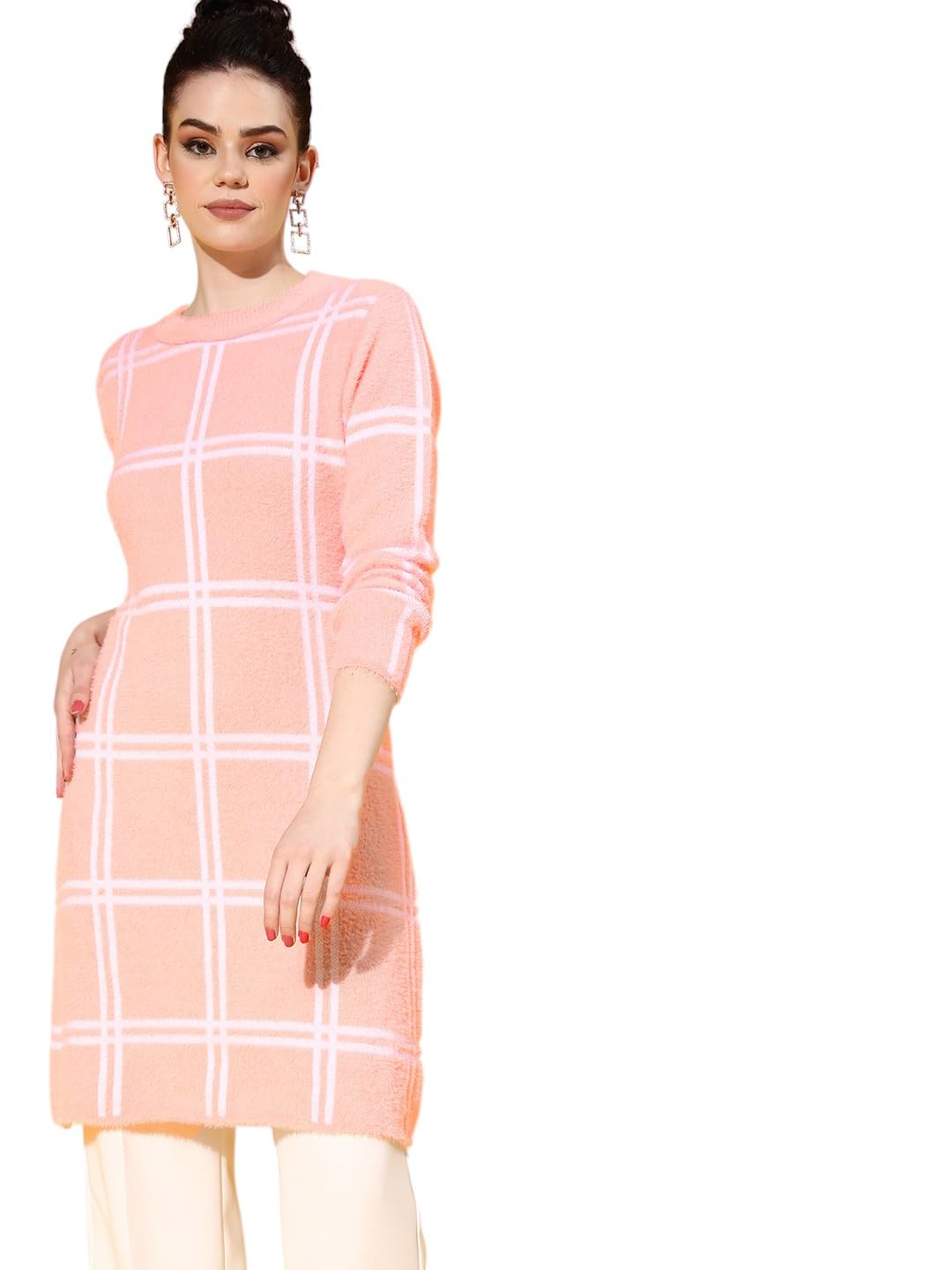 Pink & White Check Hair Wool Long Sweater-image-42