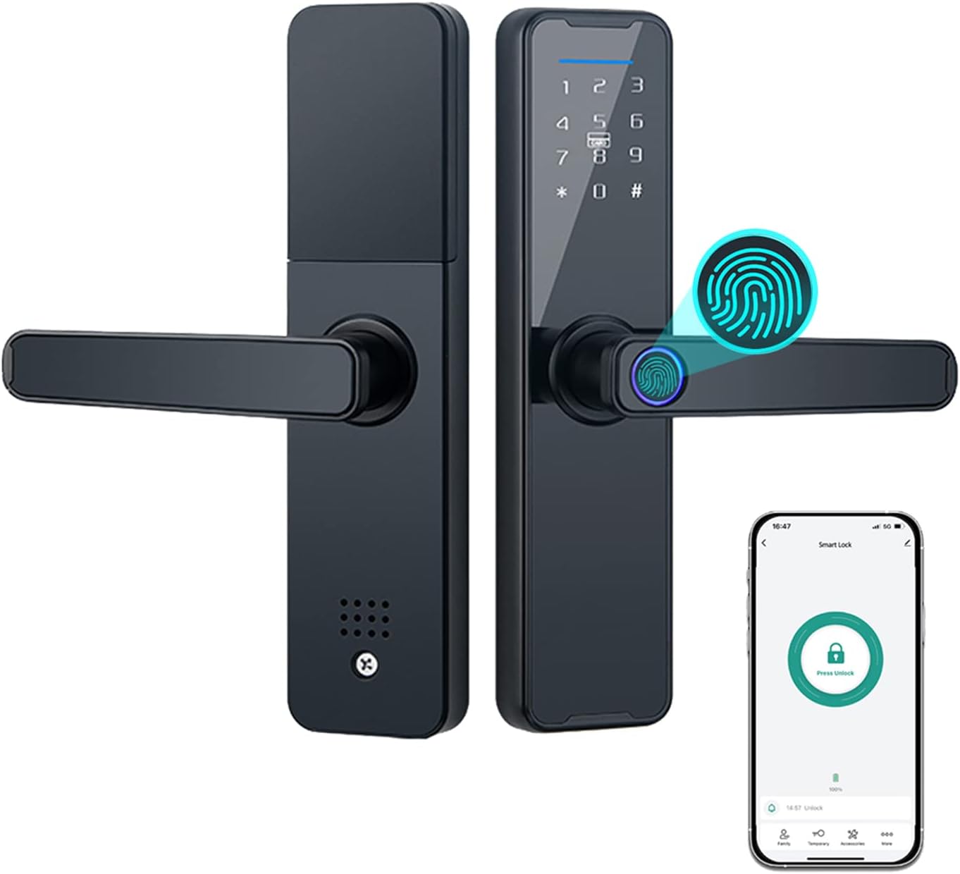 Smart Door Lock, Biometric Fingerprint & Keypad, Black, Modern Style, Compatible with Tuya APP
