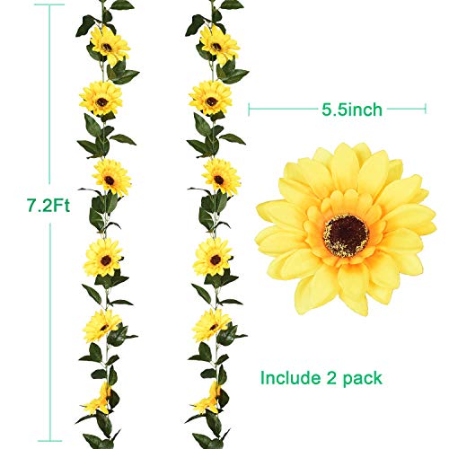 Image of DearHouse 2 Pack Artificial Sunflower Garland Silk Sunflower Vine Artificial Flowers with Green Leaves Wedding Table Decor,7.2Feet