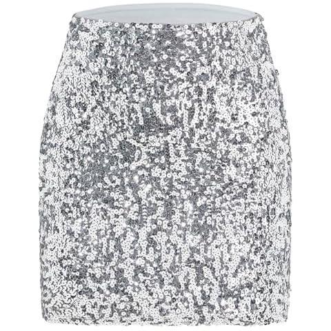 Zando High Waist Disco Skirt Women's Sequin Skirt Club Skirt for Night Out Party Sparkly Shiny Glitter Skirt Metallic Skirt Sparkle Stretchy Bodycon Mini Skirt Silver Grey Large Cover