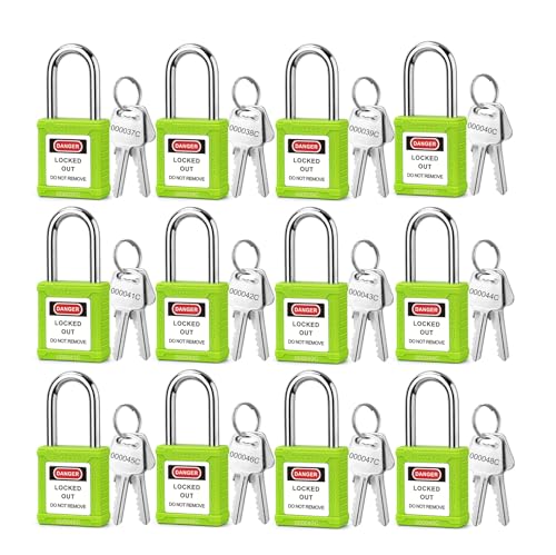 Image of Lockout Tagout Locks 12-Pack|OSHA Green Loto Locks Keyed Different|2 Keys /Lock for Industrial Machinery & Electrical Panels|Chrome Steel & Laser Coding