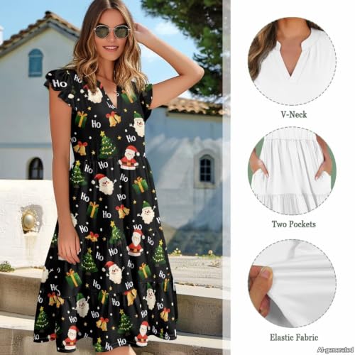 Image of Womens Summer Dress Ruffle Sleeve V Neck Dress Casual Fit Flowy Beach Vacation Sundress with Pocket S-2XL