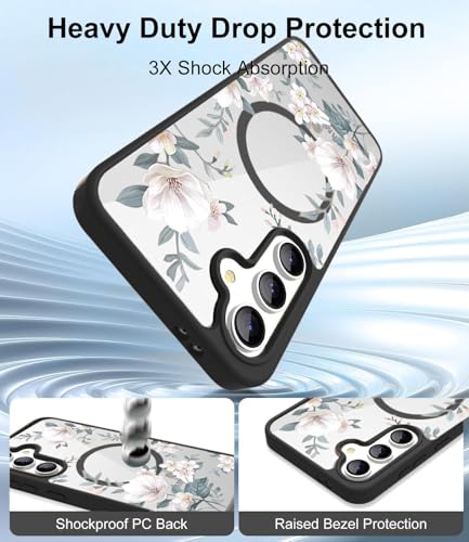 Image of VONZEE Compatible with Samsung Galaxy S25 Plus 5G Designer Case Luxury Retro Flowers Floral Clear for Magnetic Wireless Charging Case Shockproof PC+TPU Cute Glossy Shiny Cover for Girls Women, Black