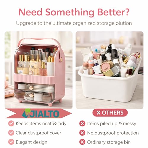 Image of JIALTO Large Cosmetic Organizer Box with Handle - Dustproof Makeup Storage Cabinet with Drawer, Skincare & Perfume Organizer for Vanity, Dressing Table & Bathroom Countertop (37x29.5x20 cm, Pink)