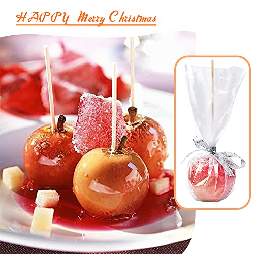 Tecmisse Diy Candy Apple Making Accessory Kits, 100 Pcs Parcel Bags, 100 Pcs Bamboo Sticks And 2 Rolls 25 Yards Glitter Ribbon, Large Lollipop Pop Kit For Fruit Cookie Wrapping Party Supplies #TOP3