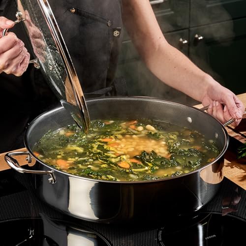Image of HexClad Hybrid Nonstick 10-Quart Deep Saute Pan with Tempered Glass Lid, Stay-Cool Handle, Dishwasher-Friendly, Oven-Safe Up to 900F, Induction Ready, Compatible with All Cooktops