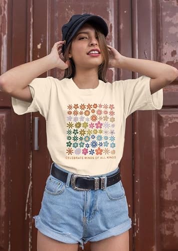 Celebrate Minds of All Kinds Shirt Women Autism Awareness T Shirt Mental Health Inspirational Short Sleeve Tee Tops Apricot — view 6