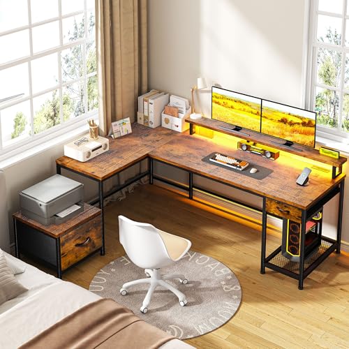Image of DurayLoly 63 inch L Shaped Desk with 2 Drawers and Printer Stand,Bedroom,Brown | Large Computer Desk with Led Lights & Power Outlets,Monitor Stand and Storage Shelves,Corner Desk,Gaming, Work, Home Office