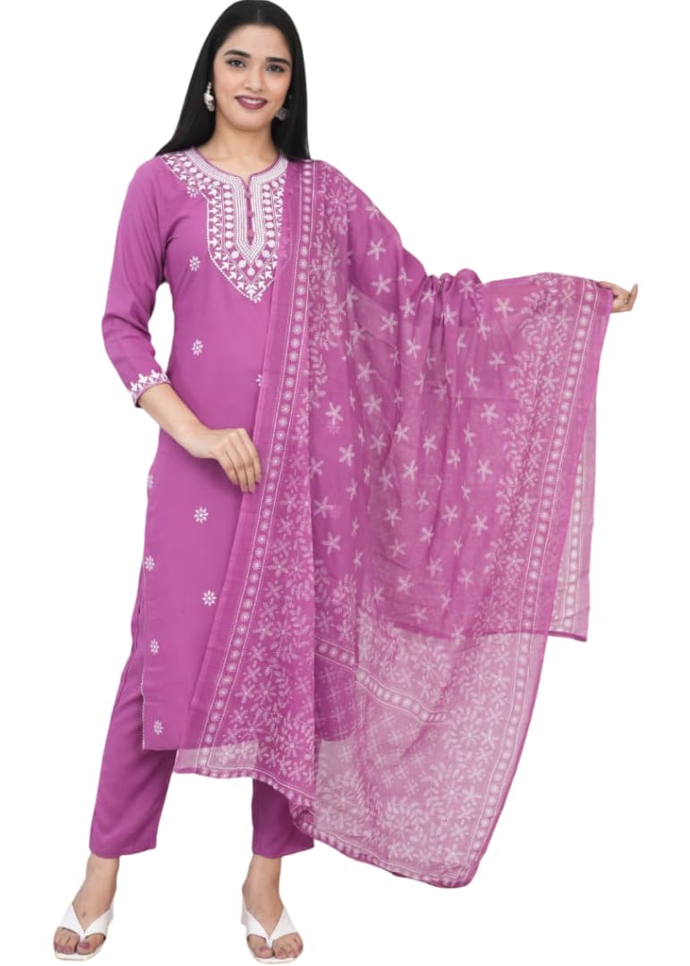 Dark Purple Embroidered Rayon Kurti Set for Women | Viscose Kurta with Pant & Printed Dupatta | Heavy Embroidery Ethnic Suit Set | Plus Size Outfit (S–7XL)-picture-41