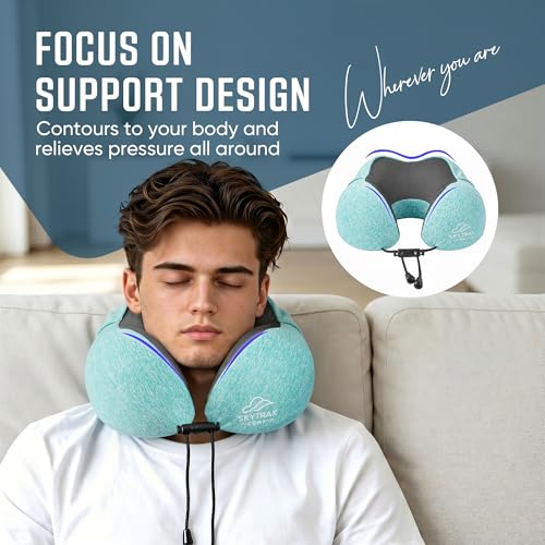 Image of SkytraxComf Travel Neck Pillow with Hood for Privacy on Long Flights | Memory Foam | Airplane Sleep | Safety-Tested Materials | Extra Large Hood | Chin Support | Earplugs | Washable Cover