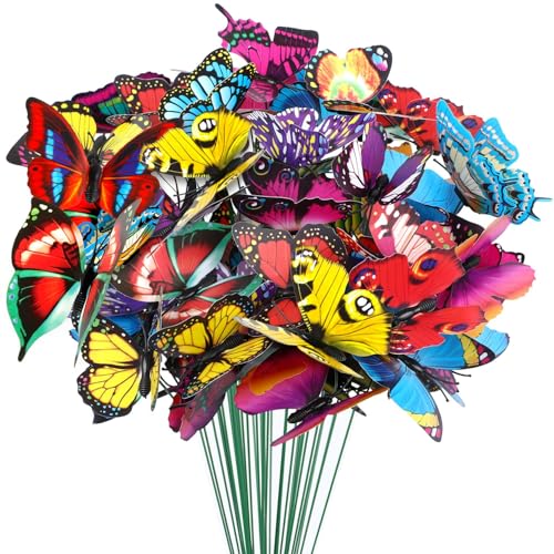 Augshy Butterfly Decorations 75 Pcs Butterfly Stakes PVC Waterproof Decorative Colorfuli Garden Stakes for Indoor/Outdoor Christmas Yard Decor