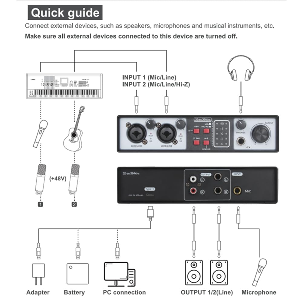 2 Wejścia 2 Wyjścia USB Interfejs Audio 32Bit/384KHZ Zestaw Studyjny Nagrywanie Profesjonalna Karta Dźwiękowa 48V Phantom