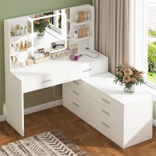 TEENFON Tocador de Maquillaje con Espejo con luz LED y Toma de Corriente, 8 Cajones, 6 Estantes de Almacenamiento, 3 Modos de Color y Brillo Ajustable, Tocador de Esquina, Blanco