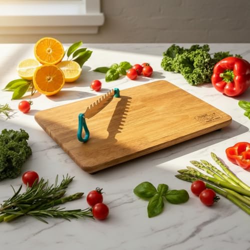 Image of SUPERMOM Chopping Board 1 Pc - Wooden Multifunctional Craft Cut & Chop Board with Stainless Steel Knife - 2-in-1 Vegetable Slicer & Fruit Cutter with AdjustableNon Slip Handle - Ideal for Kitchen Use