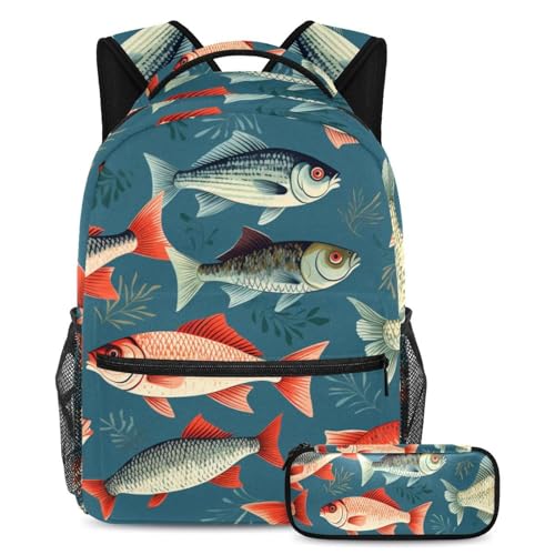 Cartable grande capacité avec trousse lot de 2 Poissons colorés d'art pour l'école
