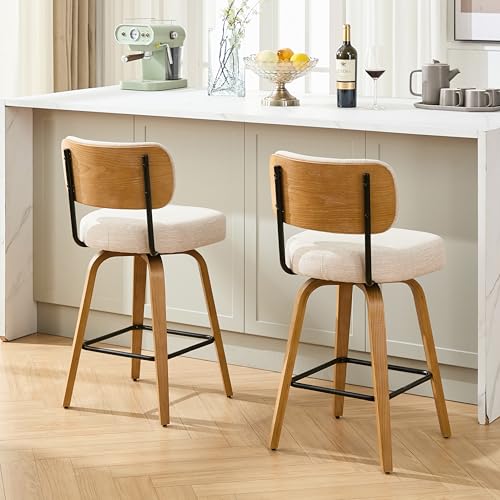 Image of Swivel Bar Stools Set of 2, 26 inch Upholstered Counter Height Bar Stools with Back and Oak Wood Legs, Linen Fabric Upholstered Barstools for Kitchen Counter, Linen Beige