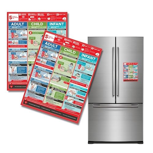 Image of CPR Magnet Adult, Child, and Infant Refrigerator Quick Reference Guide Poster | 2pk 5.5 x 4.3 inch inches Office Supplies Mannequin Illustration