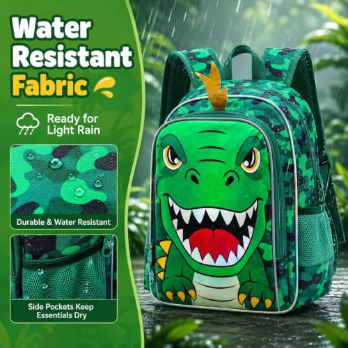 Image of 16 inch Dinosaur Backpack for Boys, 3Pcs Dino Kids Bookbag with Lunch Box, School Backpacks for Elementary Preschool Kindergarten (Green)