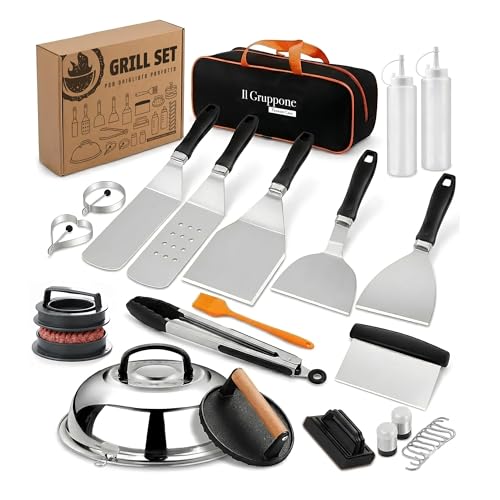 IlGruppone Set Accessori Barbecue Professionale 27 Pezzi Kit Completo BBQ Smash Burger, Pressa Hamburger, Spatole, Pinze, Cloche e Dispenser Salse – Utensili in Acciaio Inox con Borsa Trasporto