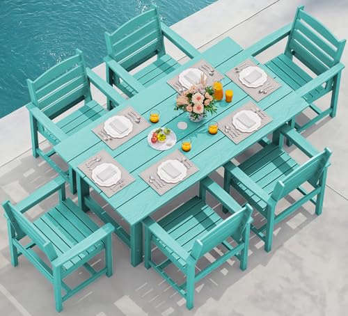 Image of SERWALL 7 Pcs Outdoor Dining Set, 1 Umbrella Hole Table & 6 Chairs, Aruba | HDPE Outdoor Dining Furniture with Rectangular Table & 6 Chairs, All-Weather Resistant SERWALL Dining Set for 6