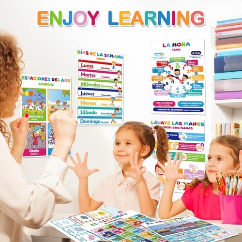 Image of EggSun 16 Pcs Bilingual Learning Posters for School Classroom Decorations, 11 x 16in Poster Charts for Teachers Primary Middle High School Supplies Education Classroom Bulletin Board Wall Decor