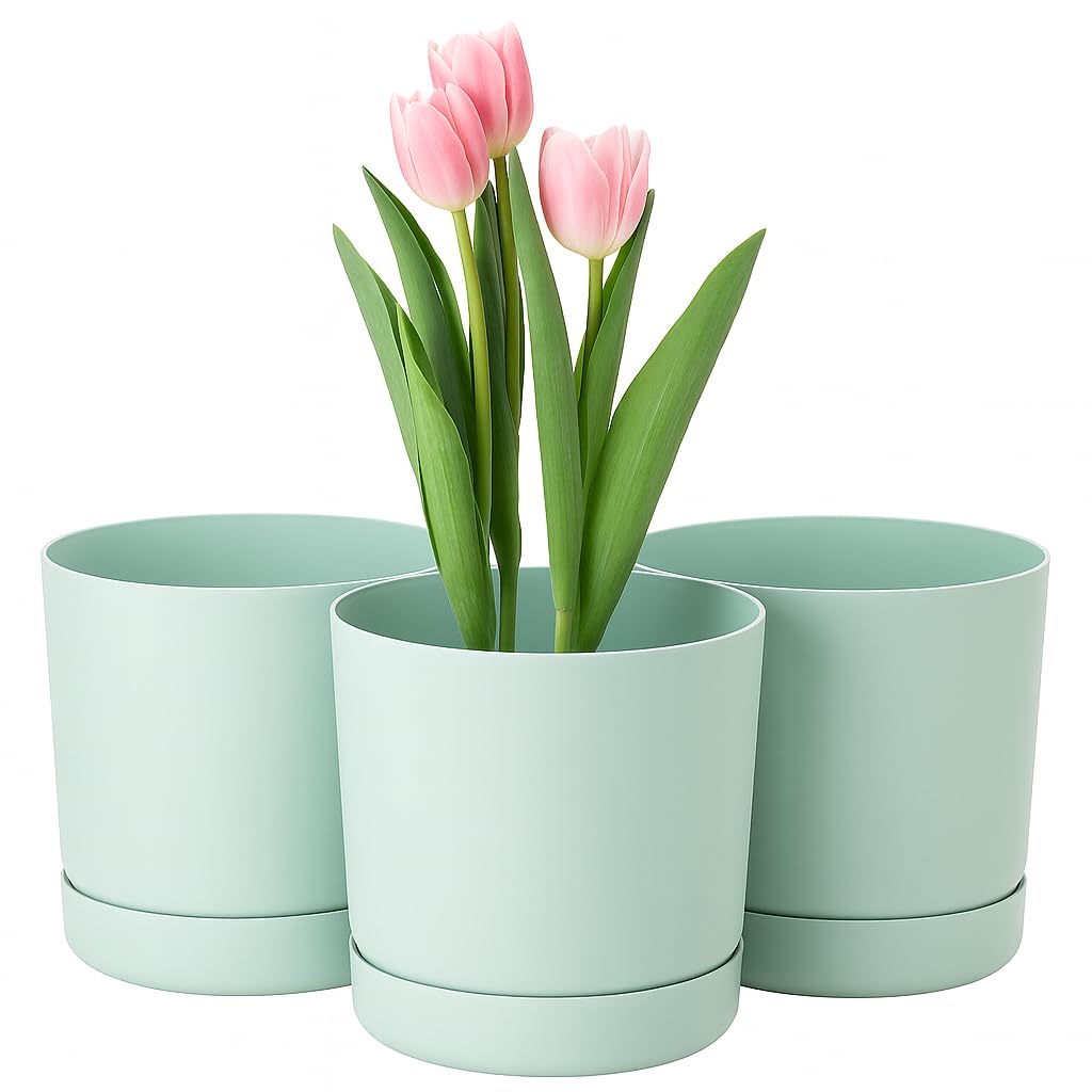 Home Garden Ornaments Green Plant Pots Indoor – Set Of 3 Plastic Outdoor Planters With Drainage Holes And Saucer, Classy Decorative Flower Pots (15Cm / 6Inch – )