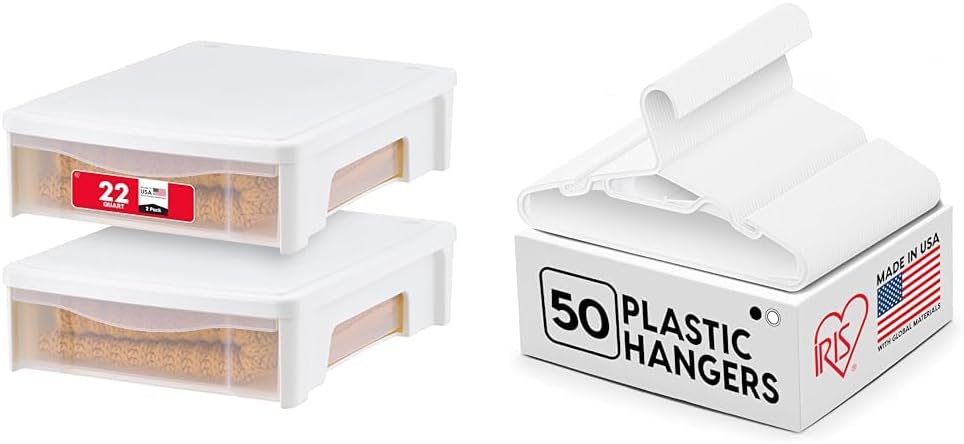 IRIS USA 50-Pack Plastic Clothes Hangers + 22 Qt Underbed Storage Bin Set – Stackable Slide-Out Organizers & Lightweight Flexible Hangers with Hooks for Bedroom, Dorm, Closet – White