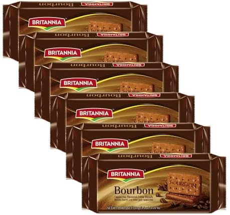 Britannia Bourbon the Original - Cappuccino Creme Biscuits 3.52oz (100g) - Pack of 6 - Smooth Chocolate Cream Biscuits for Breakfast & Snacks - Topped with Sugar Crystals