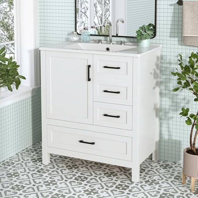30 Inches White Bathroom Vanity with Sink, Solid Wood Frame, Soft Close Doors 3 Drawers, Removable Tray ¨C Storage Cabinet for Modern Bathrooms (3 Drawers + 1 Doors)