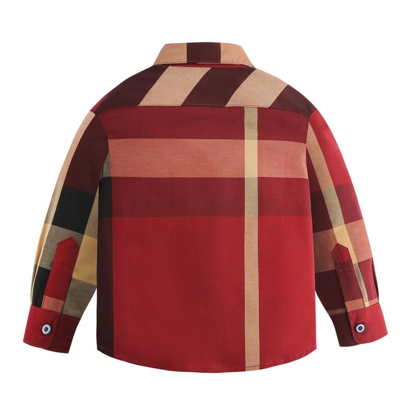 Boys Button Red Square Grid Flannel Shirt Long Sleeved Casual Western Style Shirt Children's Shirt2