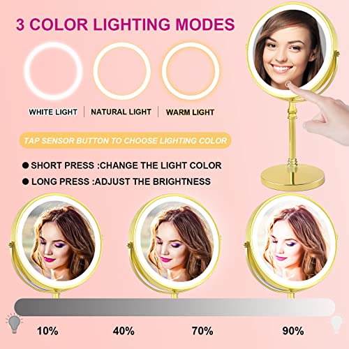Furgatti Led Lighted Makeup Mirror With 3 Light Settings, 360 Rotation, 1X/10X Magnification, 8'' Rechargeable Vanity Mirror With Touch Control For Make Up, Women Gift, Gold #TOP2