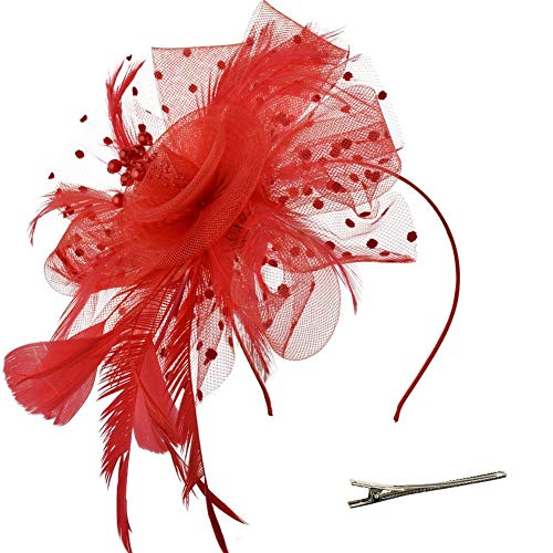 DRESHOW Fascinator Chapeau Plume Mariage Dames Day Bandeau et Clip Cocktail Tea Party Chapeau pour Fille et Femmes,Taille unique,Rouge-Red