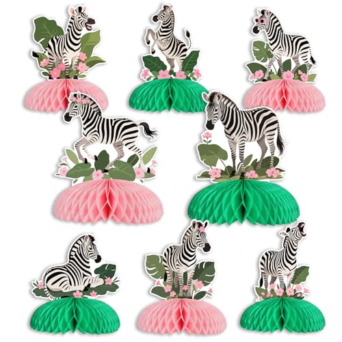 JOYMEMO 8Pcs Zebra Honeycomb Centerpieces for Women Girls - Jungle Safari Theme Birthday Bridal Baby Shower Wedding Engagement Party Decorations, Zoo Animal Double-Sided Table Toppers Party Supplies