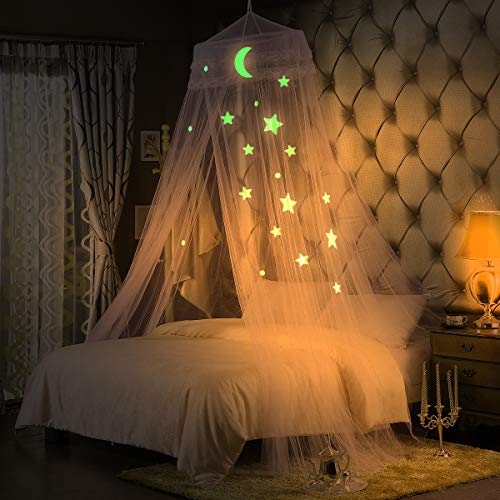 Bed Canopy For Girls Bedroom Decor With Fluorescent Stars Glow In Dark Mosquito Net Canopy Bed Curtains (White) #TOP1