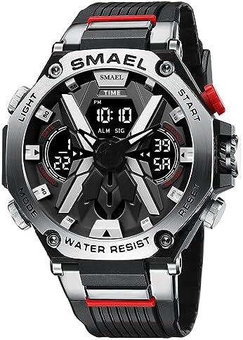 KXAITO Men's Watches Sports Outdoor Waterproof Military Watch Date Multi Function Tactics LED Face Alarm Stopwatch for Men (8087 Black Silver)
