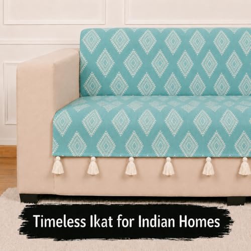 Image of STITCHNEST 'Verdant Rekhika Stories' 2 Seater Sofa Cover - Full Coverage| Elegant Jacquard Fabric, Decorative Tassels, Washable & Durable for Modern Living