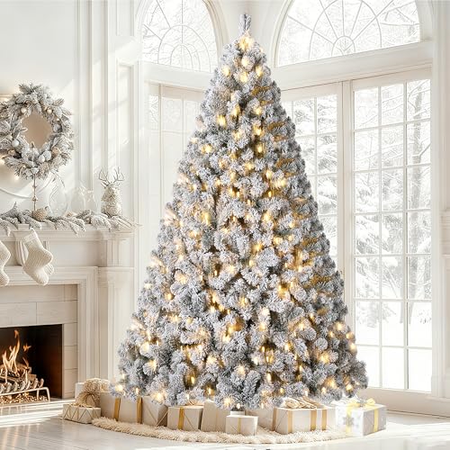9 FTChristmas Tree with 900 LED Lights, Snow Flocked Artificial