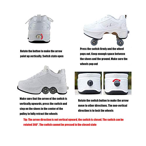 Image of Roller Skates for Women /Girls, Retractable Kick Roller Shoes with Wheels for Men, Outdoor Quad Wheel Rink Skates Adjustable Deformation Sneakers for Adult /Boys