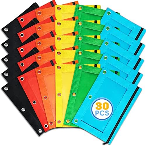 OCHIDO Pencil Pouch for 3 Ring Binder,Bulk,30 Pack in Assorted Colors,Zipper Pencil Case with Clear Window,3-Hole Binder Cloth Pencil Bag for Storing Office Supplies
