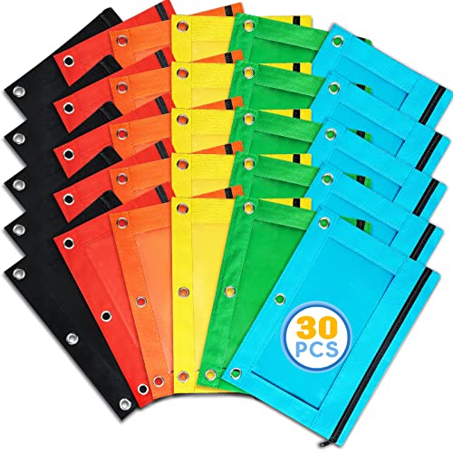 Ochido Pencil Pouch For 3 Ring Binder,Bulk,30 Pack In Assorted Colors,Zipper Pencil Case With Clear Window,3-Hole Binder Cloth Pencil Bag For Storing Office Supplies #TOP8