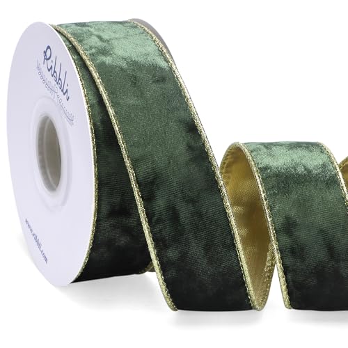 Image of Ribbli Moss Green Velvet Wired Ribbon 1.5 Inch Metallic Moss Gold Crushed Velvet Christmas Ribbon for Gift Wrapping Christmas Tree Decoration Crafts Wreaths Supplies-Continuous 10 Yards