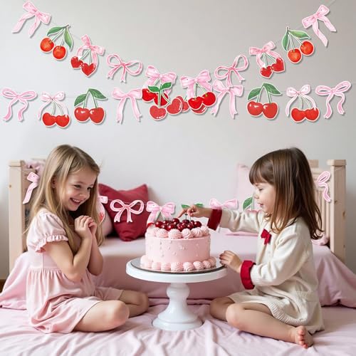 Image of Cherry Party Decorations Cherry and Bow Hanging Banner 4PCS Cherry On Top Baby Shower Decorations for Birthday Bridal Shower Bachelorette Wedding Party Supplies