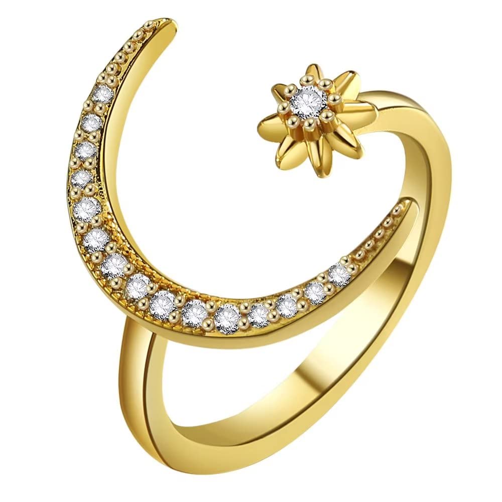Anillo de Plata de Ley 925 con circonita cúbica AAA, Gran Luna y Estrella del Sol, Anillo de Apertura con Forma de Media Luna, Banda para el Dedo con Diamantes de imitación, Media Luna, Estrella del