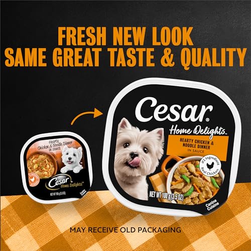 Image of Cesar Home Delights Wet Dog Food, Chicken & Noodle Dinner, 3.5 oz, 24 Count | Real chicken #1 ingredient, 100% complete & balanced, easy to digest, no fillers, no artificial flavors, easy peel trays