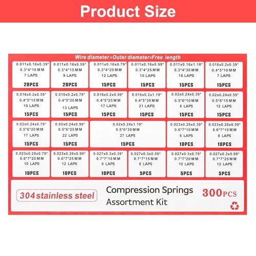 Druckfedern Sortiment Kit, 300 Stück 304 Edelstahl Kleine Federn Set Edelstahl Druckfeder, 23 verschiedene Größen Mechanische Metall Mini Federn für DIY Zuhause Automobilreparaturen